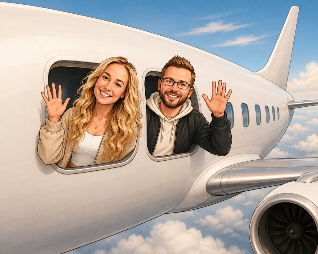 Elizabeth and Dakota waving out of an airplane window